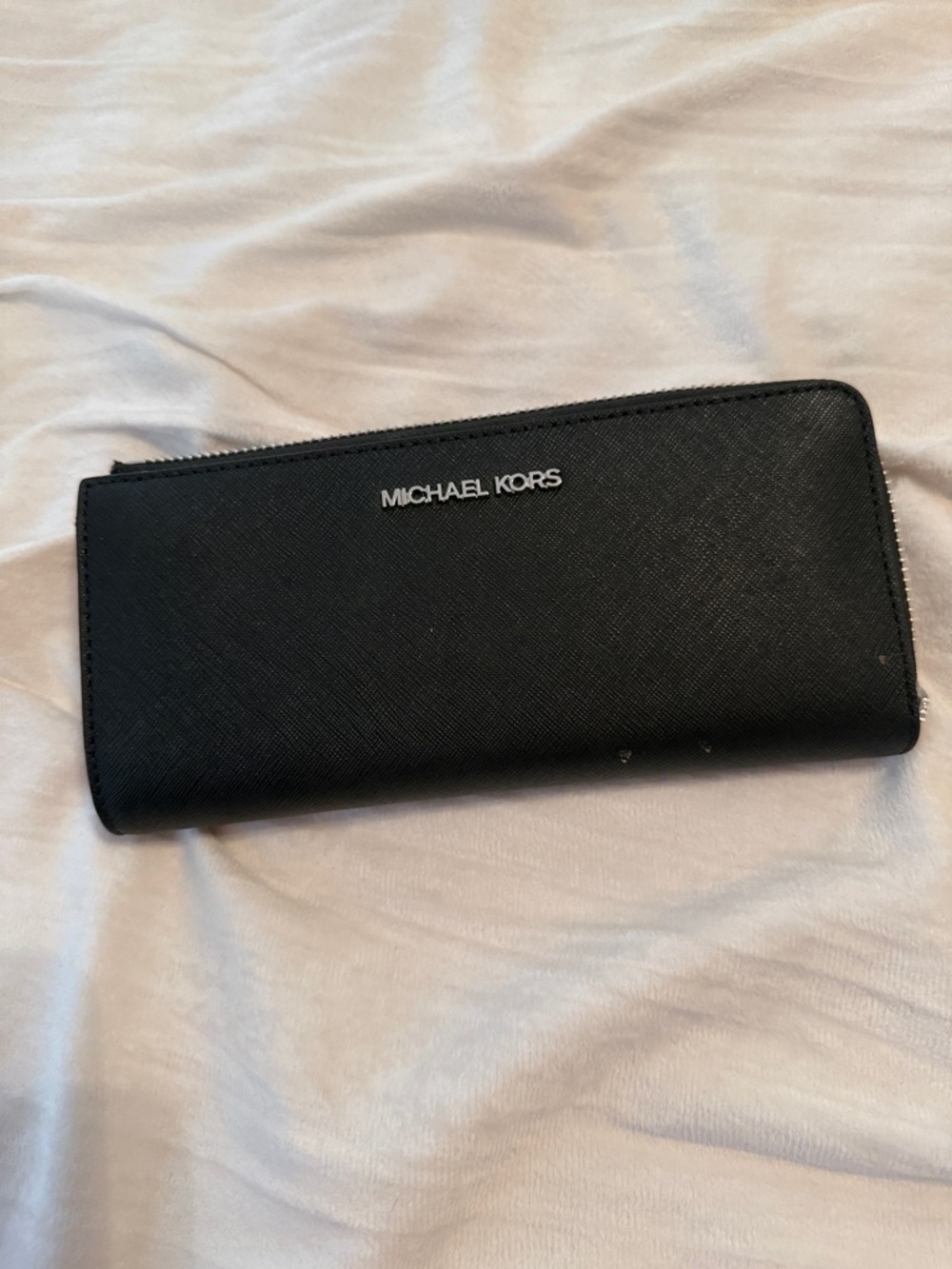 Michael Kors Black Saffiano Zip-Around Wallet with Silver Logo